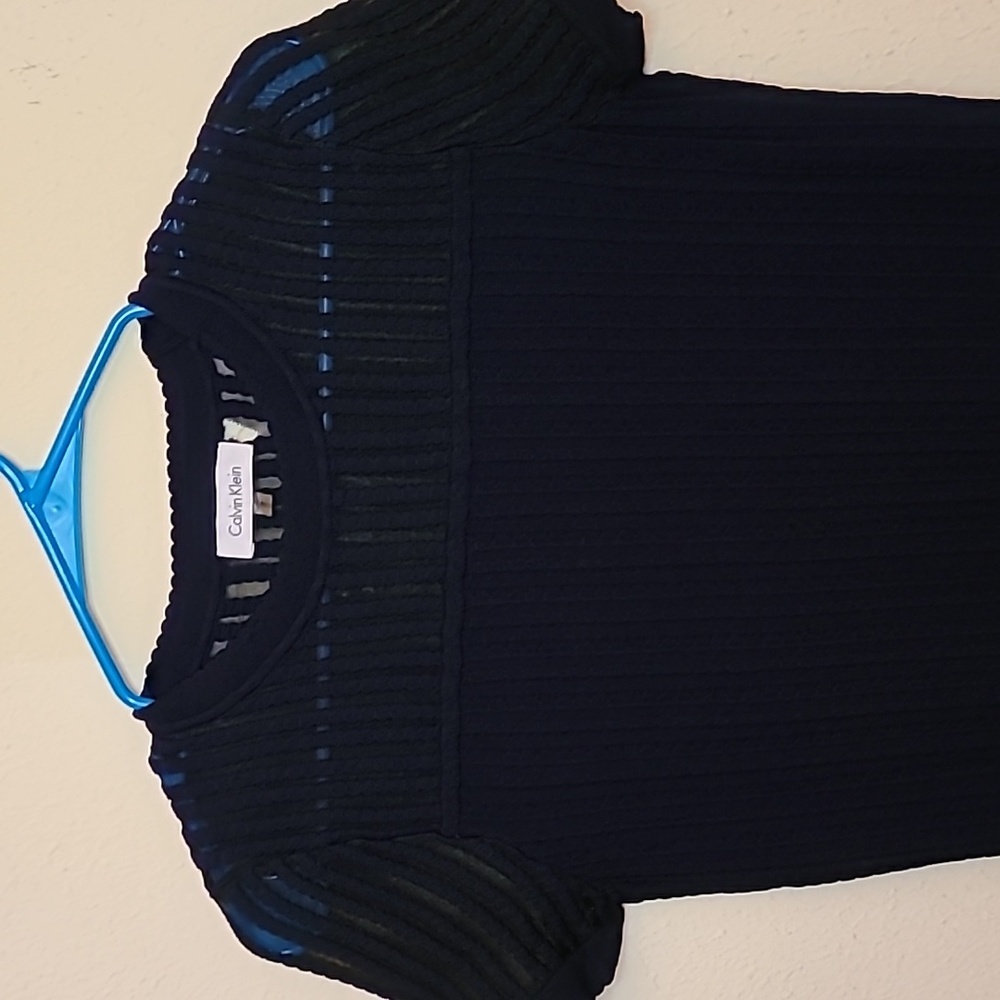 CALVIN KLEIN Dark Blue Fit & Flare Dress with See Thru Bodice & Sleeves - Size M